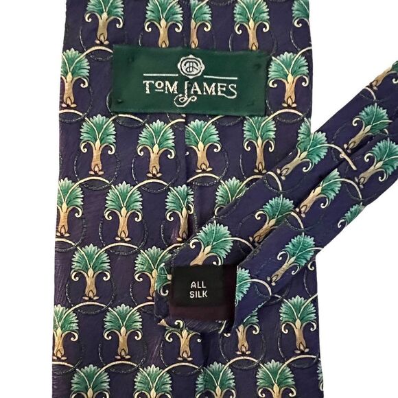 Vintage Tom James Silk Tie Art Deco Palm Tree Design w/ Circles Navy Green Gold - Picture 2 of 2